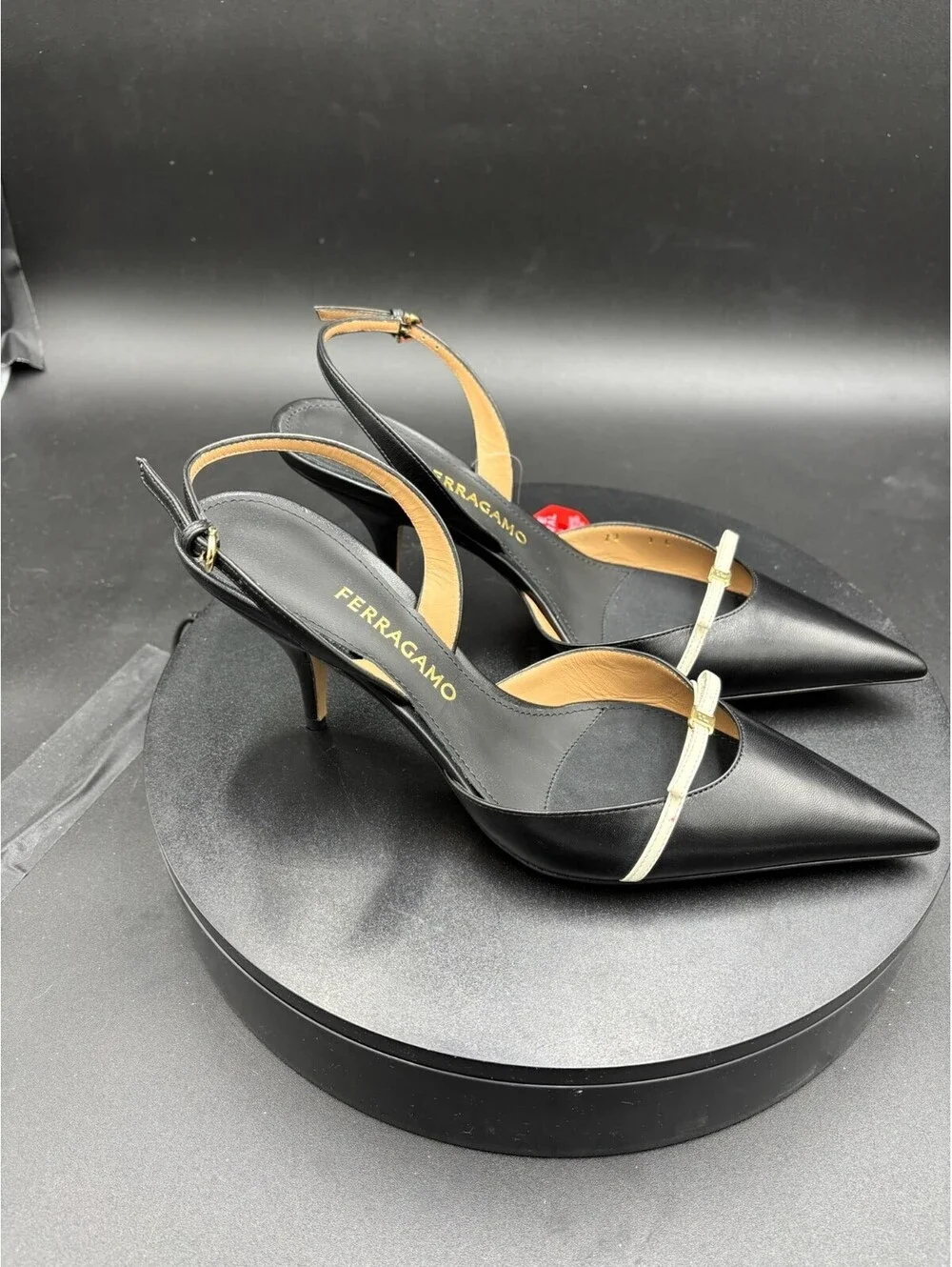Ferragamo Black Leather Pointed Toe Slingback Heels with Off